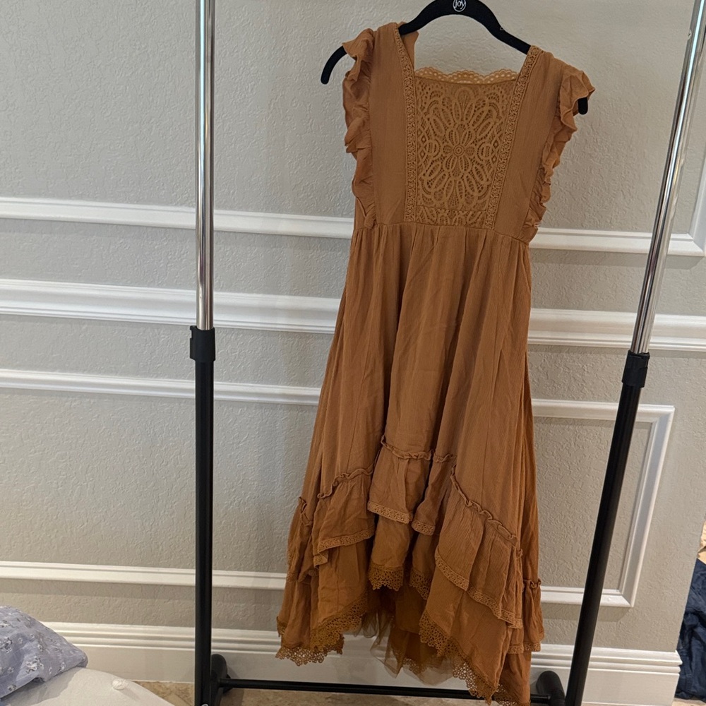 Joyfolie Tan Kids Dress with Lace and Ruffles